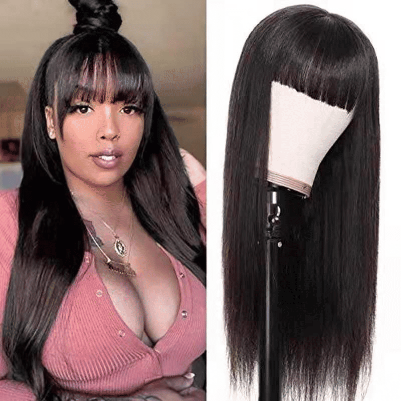 Natural Black Long Straight Synthetic Wig with Neat Bangs for Women