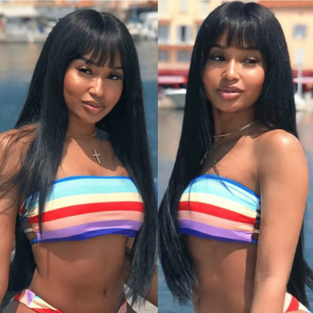 Natural Black Long Straight Synthetic Wig with Neat Bangs for Women