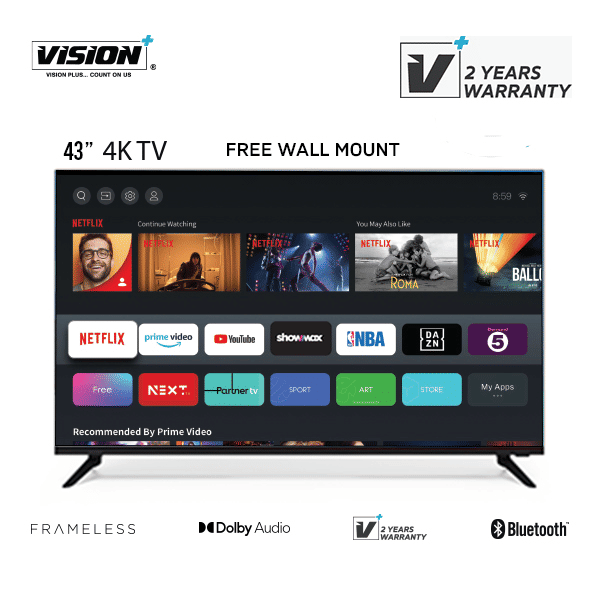 Vision Plus 43-inch Frameless Smart Android TV VP8843SF Full HD Display
