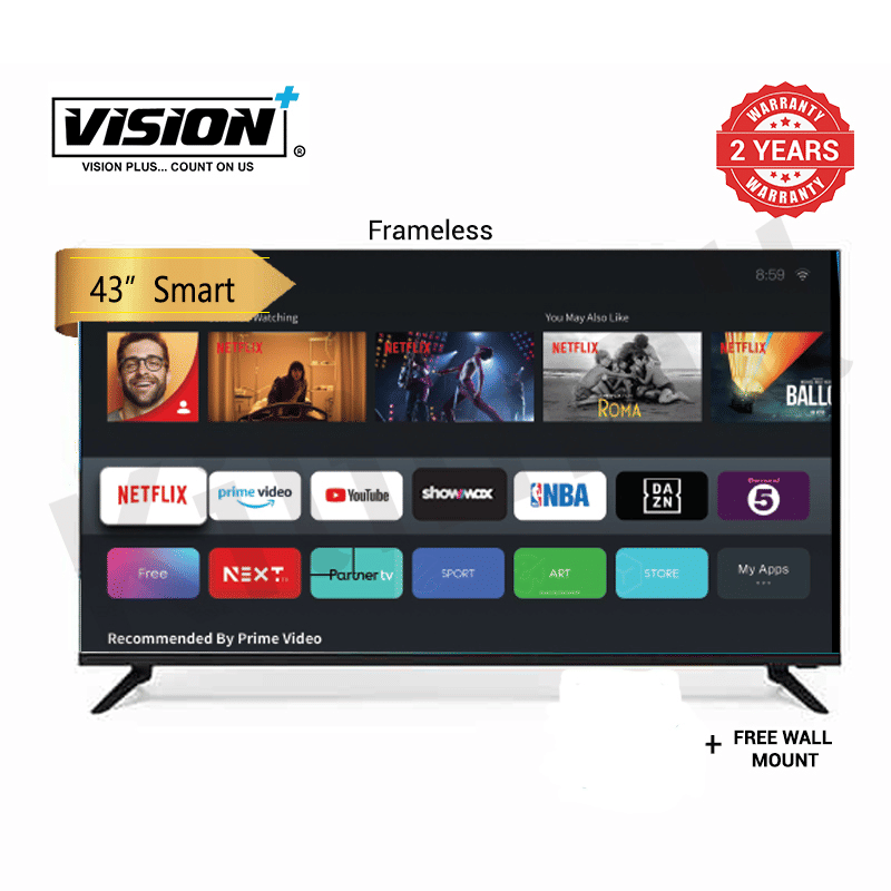 Vision Plus 43-inch Frameless Smart Android TV VP8843SF Full HD Display