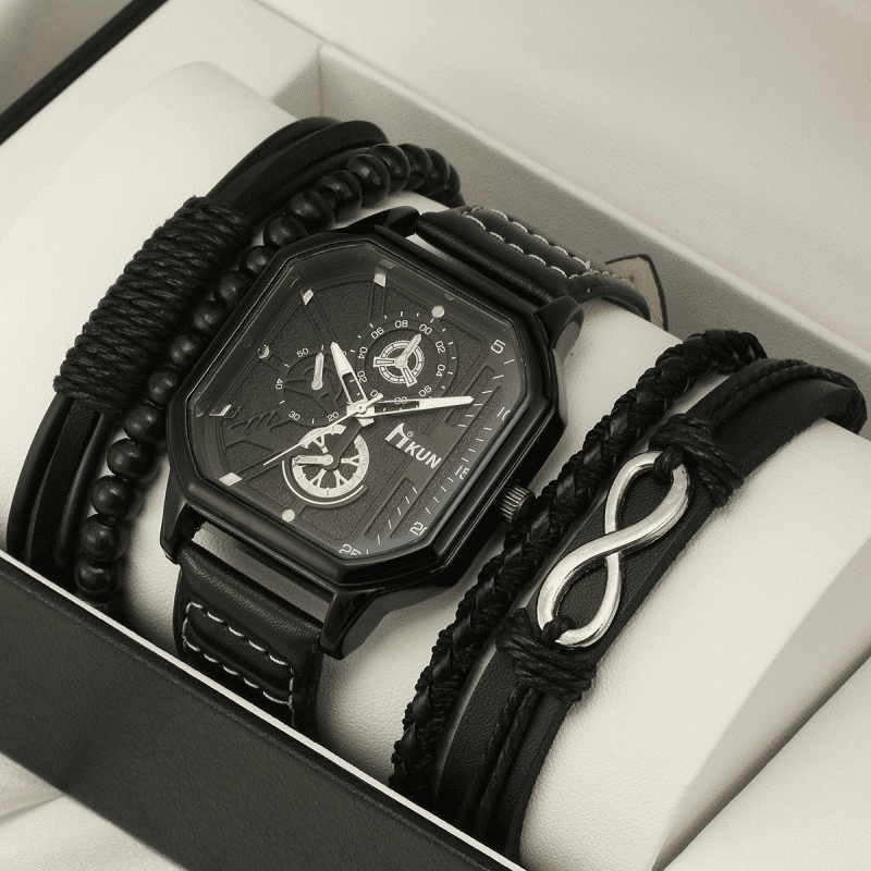 Men's 3-Piece Fashion Quartz Watch and Leather Bracelet Set
