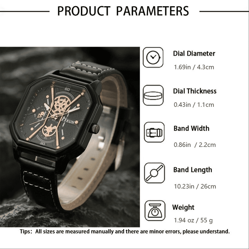 Men's 3-Piece Fashion Quartz Watch and Leather Bracelet Set