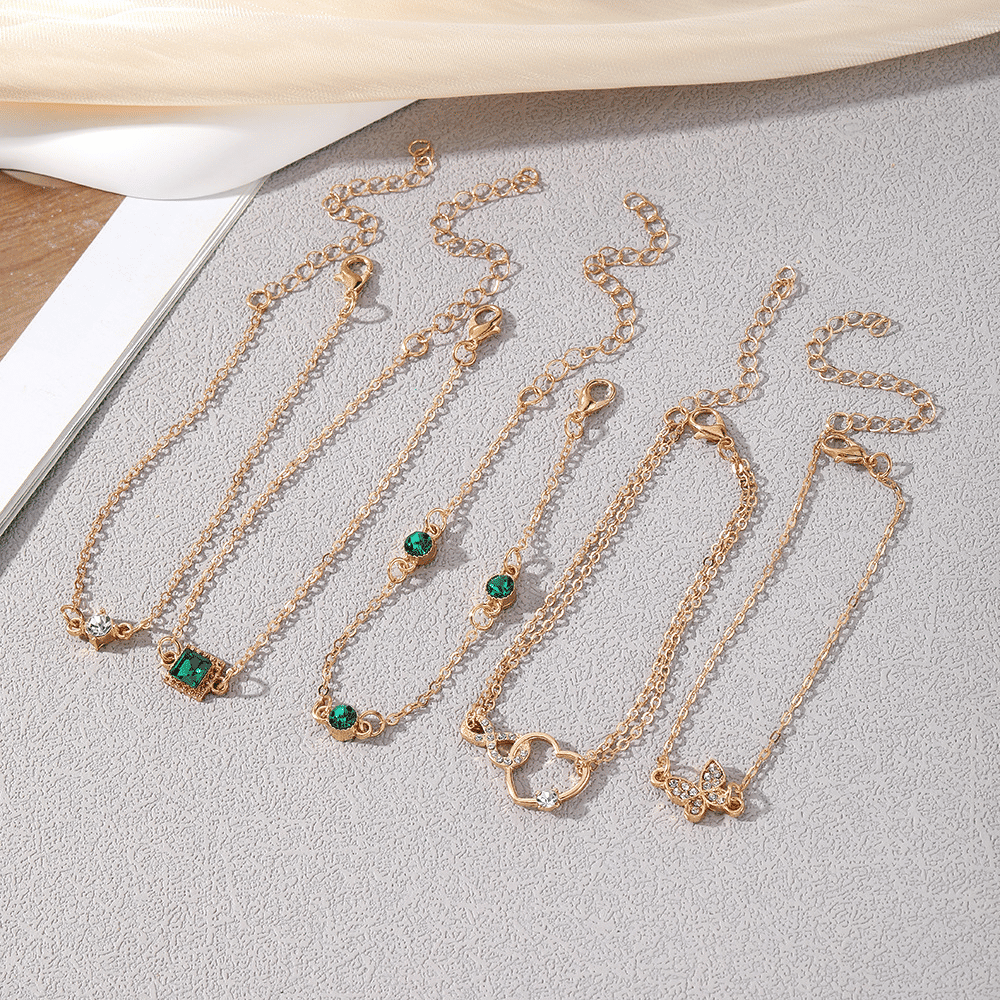 Chic Adjustable Green Gemstone Gold Stackable Heart Bracelet Set for Women