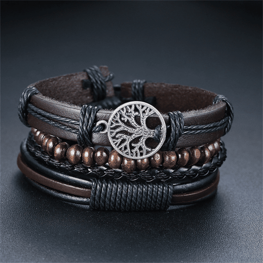 Men's 4-Piece Vintage Braided Leather Bracelet Set - Life Tree Rudder Charm Wood Beads