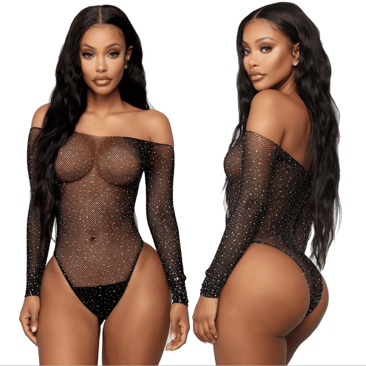 Women's Diamond Bling Bling Elastic Lace Jumpsuit Bodysuit - Sexy Lingerie Outfit