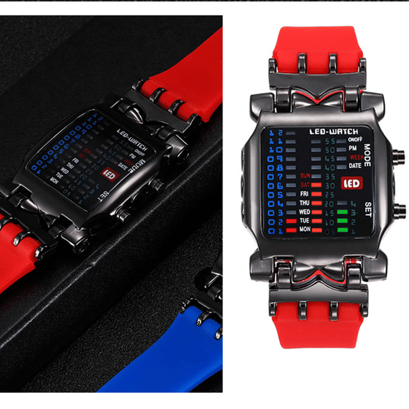 Unisex Binary LED Digital Square Dial Sport Rubber Band Watch