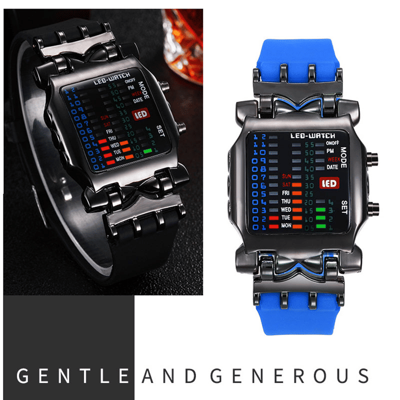 Unisex Binary LED Digital Sport Watch Square Luminous Rubber Band