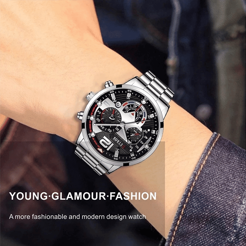 Luxury Men's Stainless Steel Quartz Watch with Luminous Calendar Display