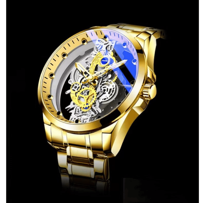TIGERAO Luxury Mens Gold Hollow Transparent Quartz Sports Waterproof Watch