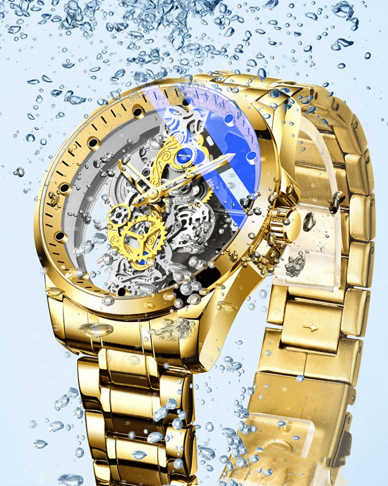 TIGERAO Luxury Mens Gold Hollow Transparent Quartz Sports Waterproof Watch