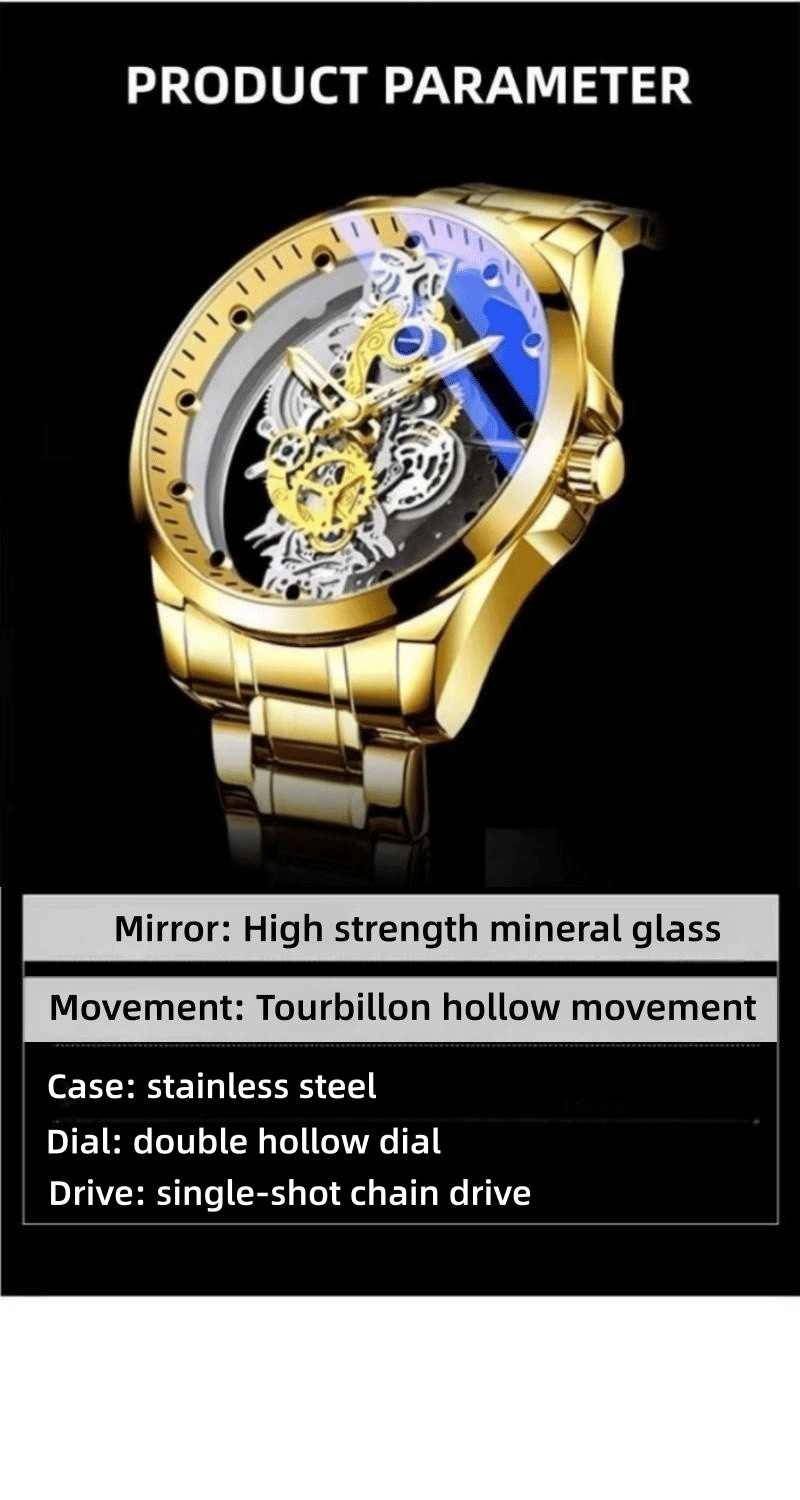 TIGERAO Luxury Mens Gold Hollow Transparent Quartz Sports Waterproof Watch