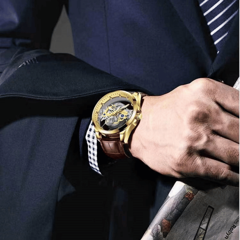 TIGERAO Luxury Mens Gold Hollow Transparent Quartz Sports Waterproof Watch