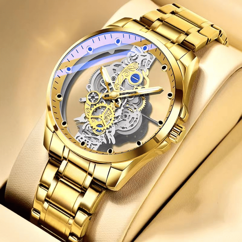 TIGERAO Luxury Mens Gold Hollow Transparent Quartz Sports Waterproof Watch
