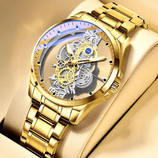 TIGERAO Luxury Mens Gold Hollow Transparent Quartz Sports Waterproof Watch