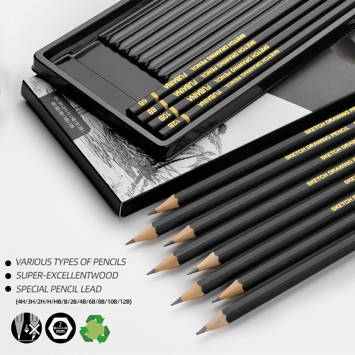 Professional 12-Piece Graphite Drawing and Sketching Pencil Set