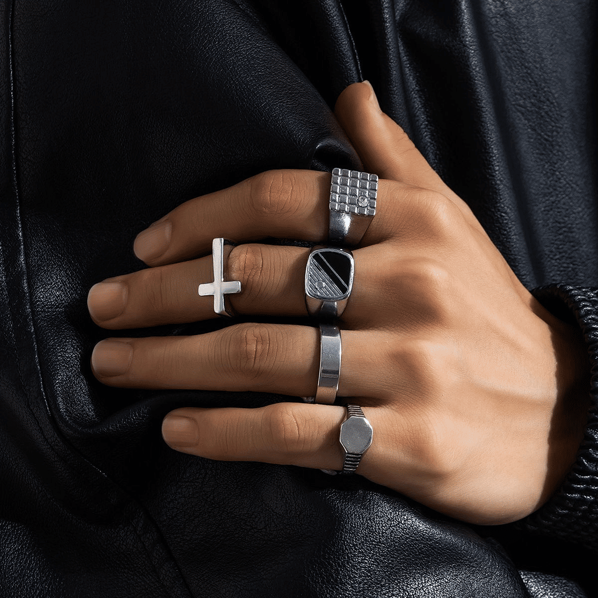5-Piece Diamond-Studded Retro Titanium Steel Men's Ring Set, Silver Tone