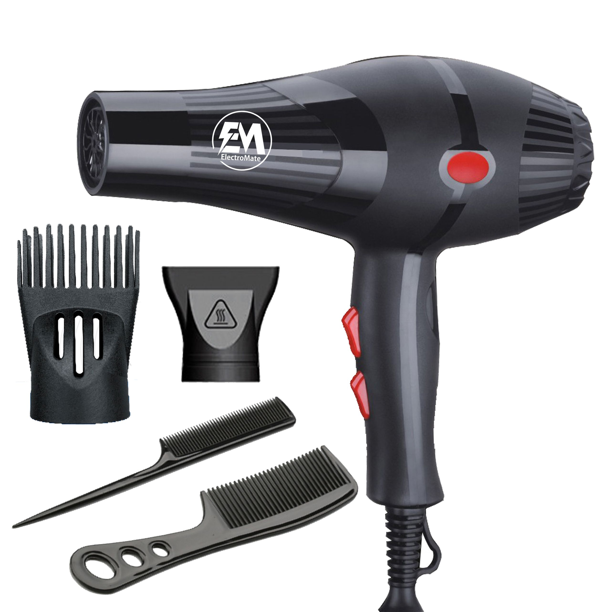 ElectroMate 2200W Professional Blow Dryer: 3-Speed, 2-Temp, Nozzles & Combs