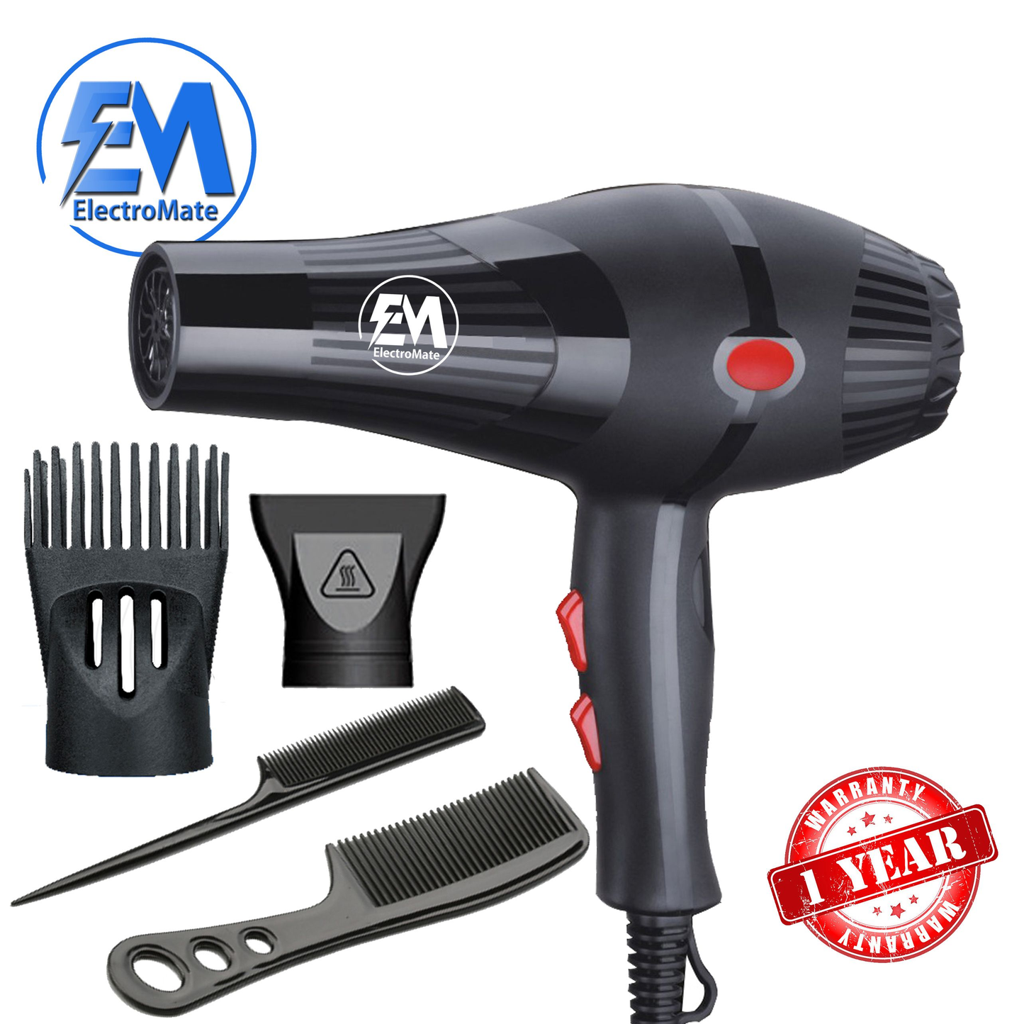 ElectroMate 2200W Professional Blow Dryer: 3-Speed, 2-Temp, Nozzles & Combs