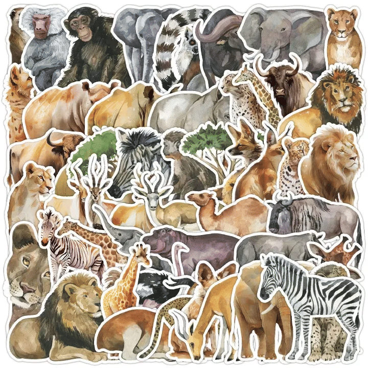 50pcs Watercolor African Animal Cartoon Stickers Waterproof Vinyl Decals