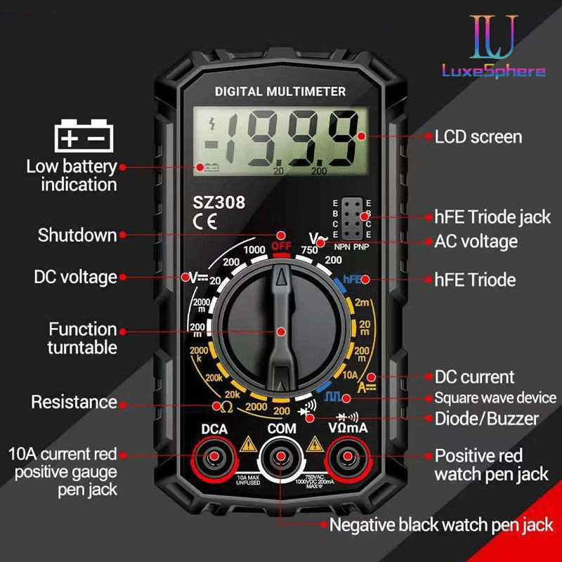 Generic SZ308 Digital Multimeter 1999 Counts Tester Black