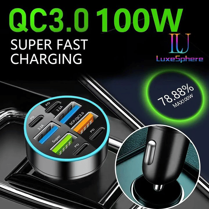 100W Fast Charging USB-C Car Charger Multi-Port Power Adapter Digital Display