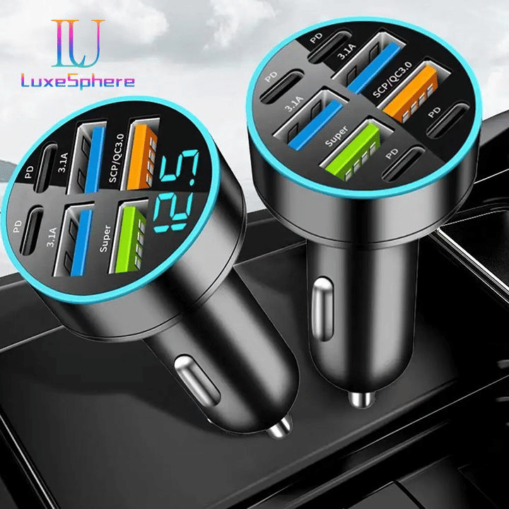 100W Fast Charging USB-C Car Charger Multi-Port Power Adapter Digital Display