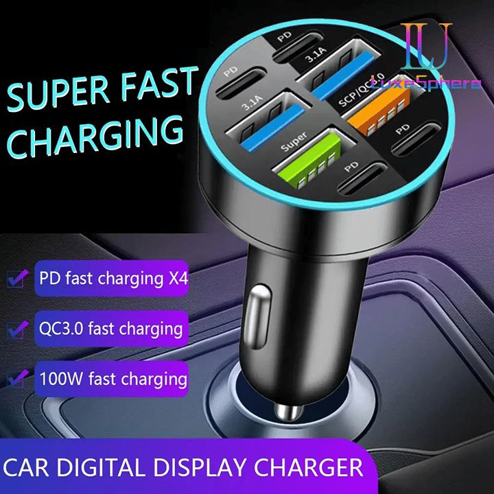 100W Fast Charging USB-C Car Charger Multi-Port Power Adapter Digital Display