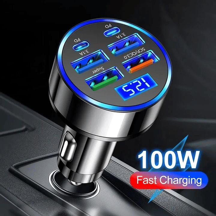 100W Fast Charging USB-C Car Charger Multi-Port Power Adapter Digital Display