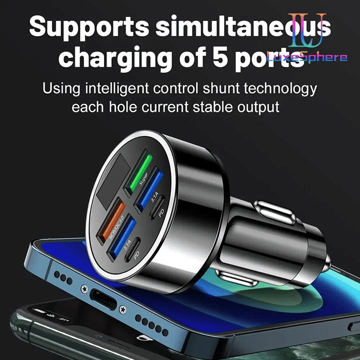 100W Fast Charging USB-C Car Charger Multi-Port Power Adapter Digital Display