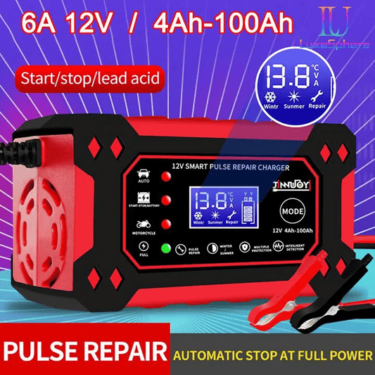 12V 6A Smart Car Battery Charger, Automatic Pulse Repair LCD Display for AGM GEL Lead-Acid