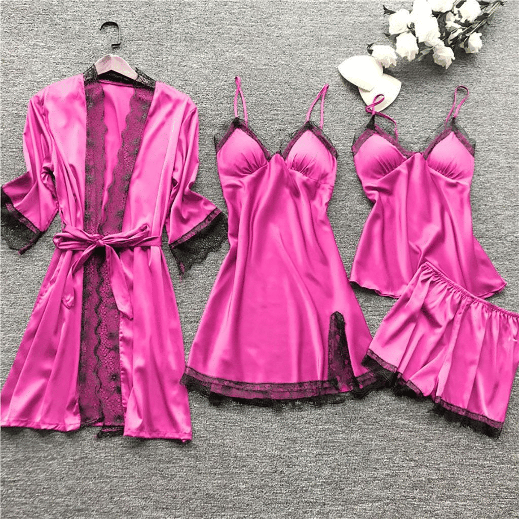 Luxury 4-Piece Satin Pajama Set: V-Neck Lace Camisole, Nightgown & Robe