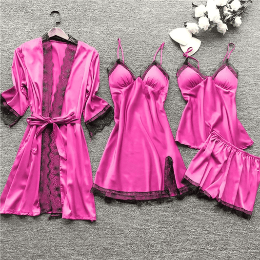 Luxury 4-Piece Satin Pajama Set: V-Neck Lace Camisole, Nightgown & Robe