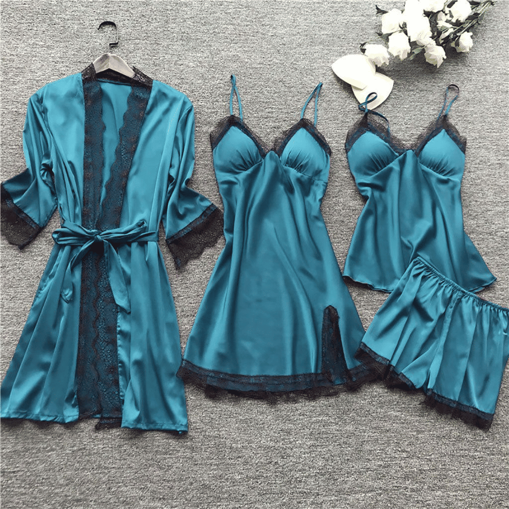 Luxury 4-Piece Satin Pajama Set: V-Neck Lace Camisole, Nightgown & Robe