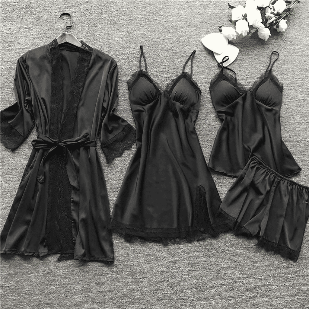 Luxury 4-Piece Satin Pajama Set: V-Neck Lace Camisole, Nightgown & Robe