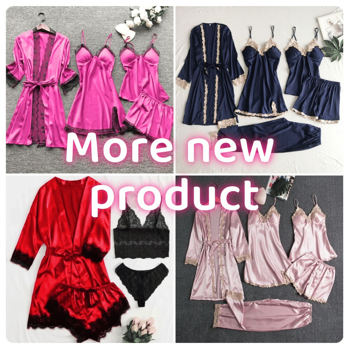 Luxury 4-Piece Satin Pajama Set: V-Neck Lace Camisole, Nightgown & Robe