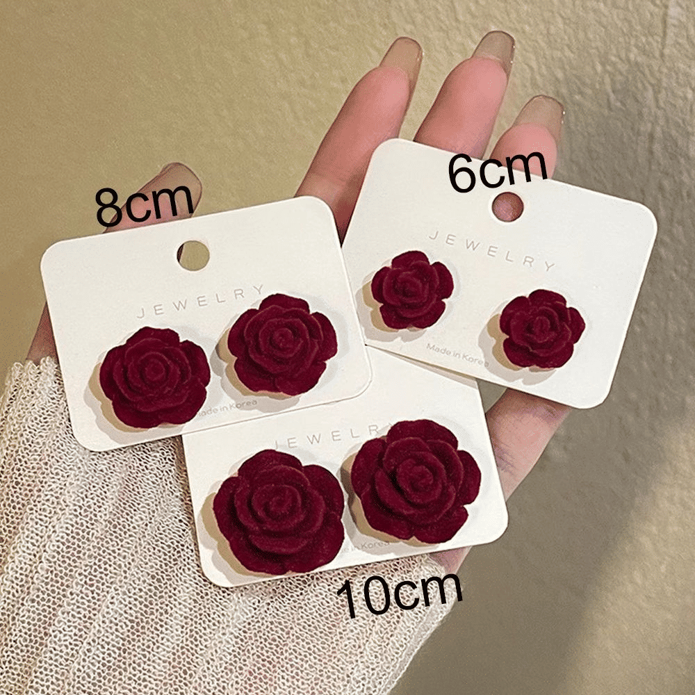 Elegant French Wine Red Velvet Rose Stud Earrings - 8mm Vintage Style