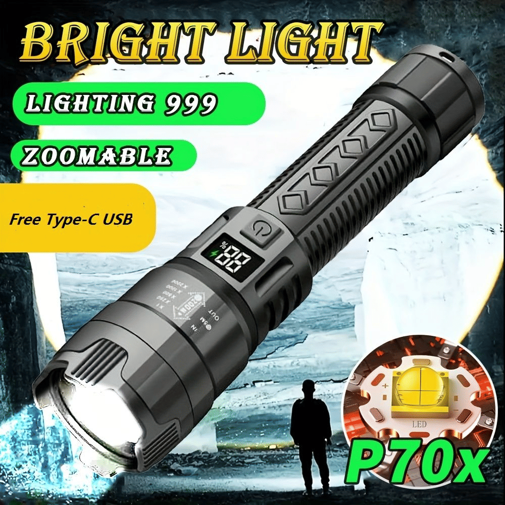 Bright LED Flashlight USB Rechargeable Outdoor Tactical Flash Light Black