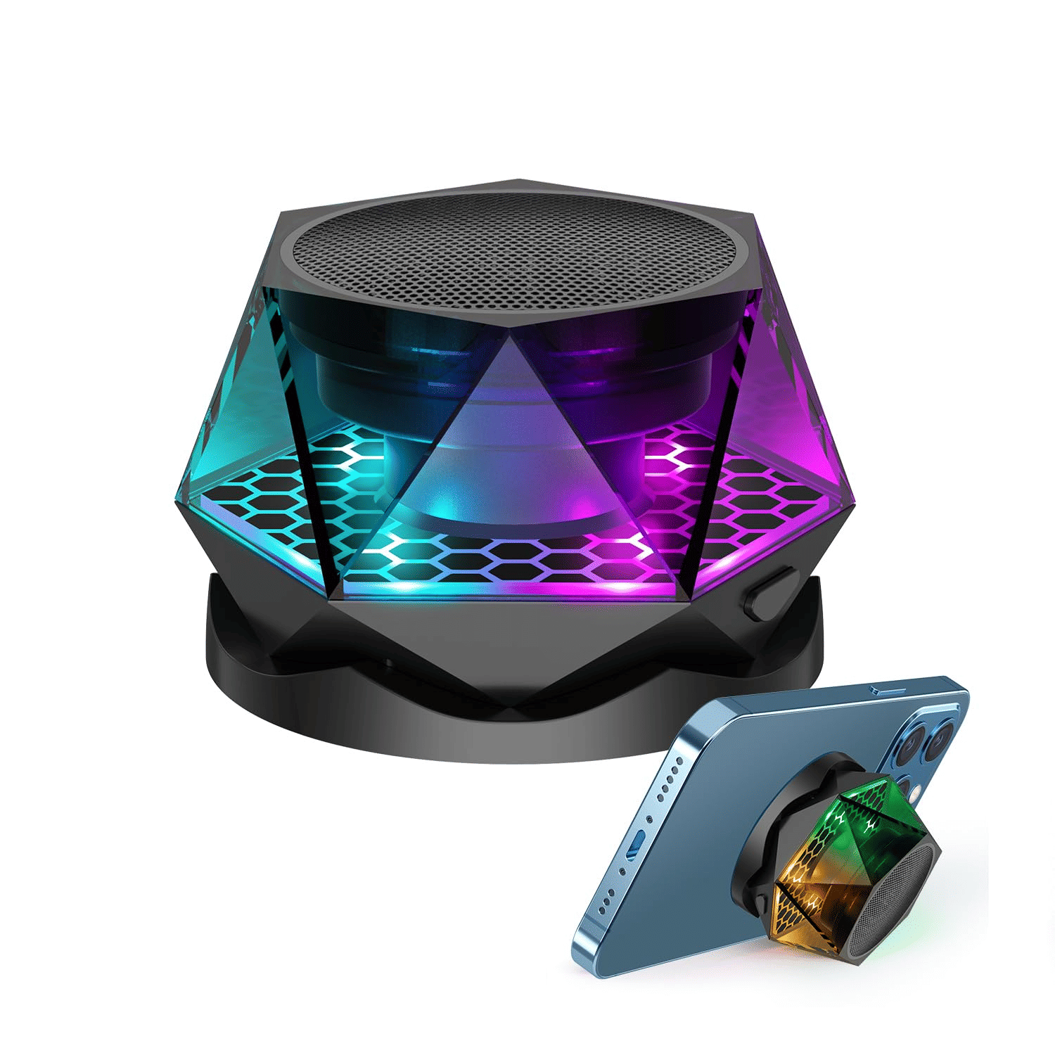 Mini Magnetic RGB Bluetooth Speaker, Diamond Design, Phone Stand, TWS Pairing