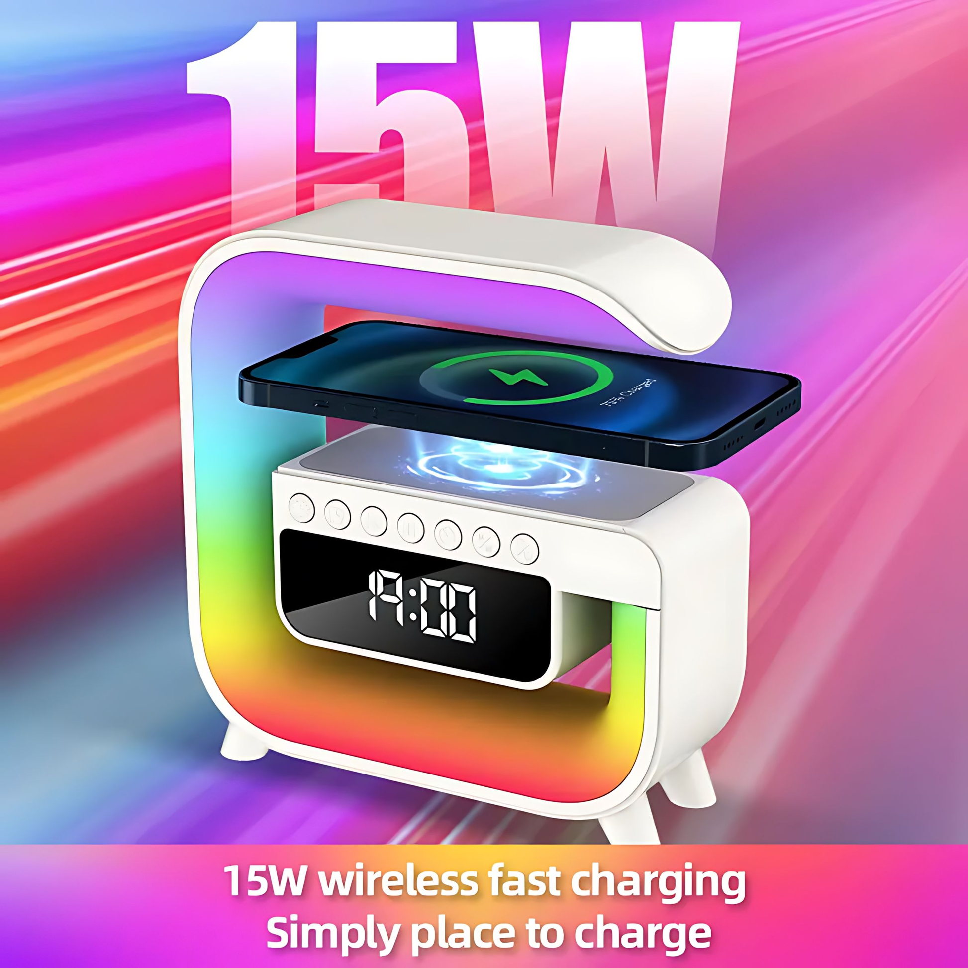 Multi-functional 15W Fast Wireless Charger, RGB Night Light, Bluetooth Speaker Stand
