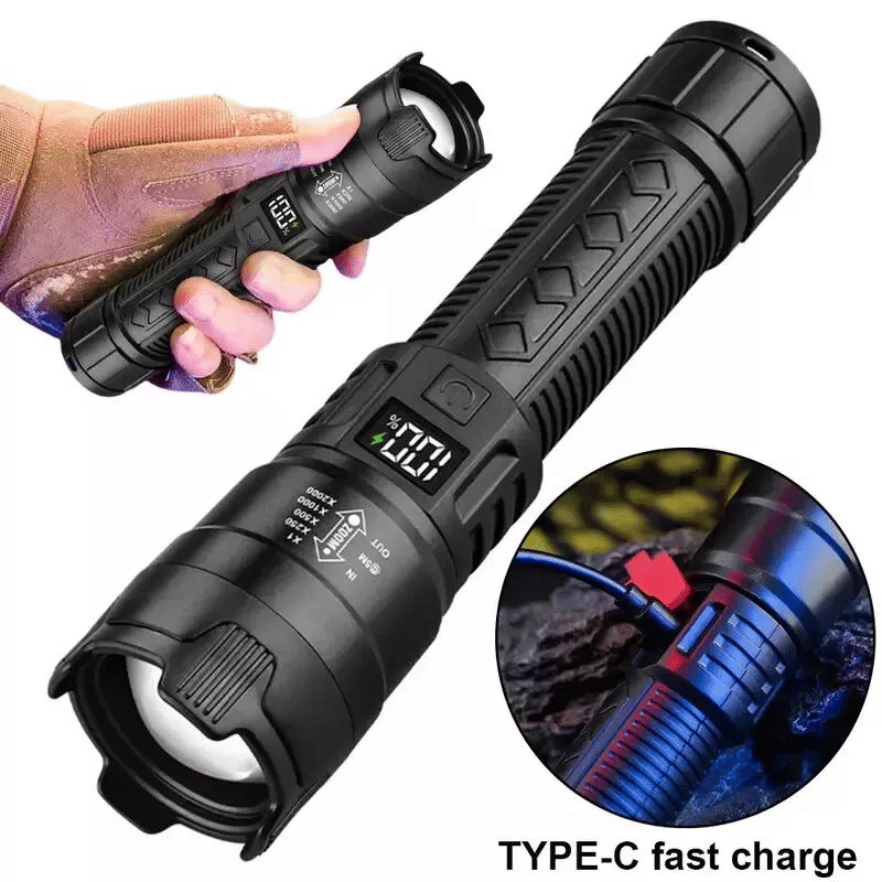 Bright LED Flashlight USB Rechargeable Outdoor Tactical Flash Light Black