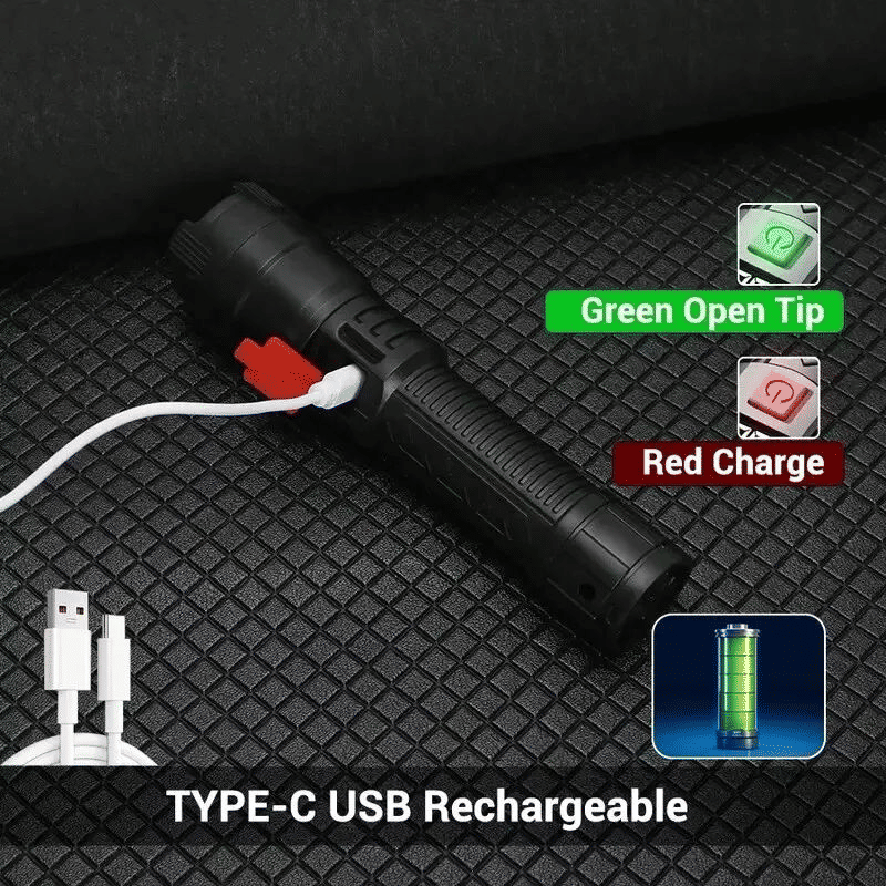 Bright LED Flashlight USB Rechargeable Outdoor Tactical Flash Light Black