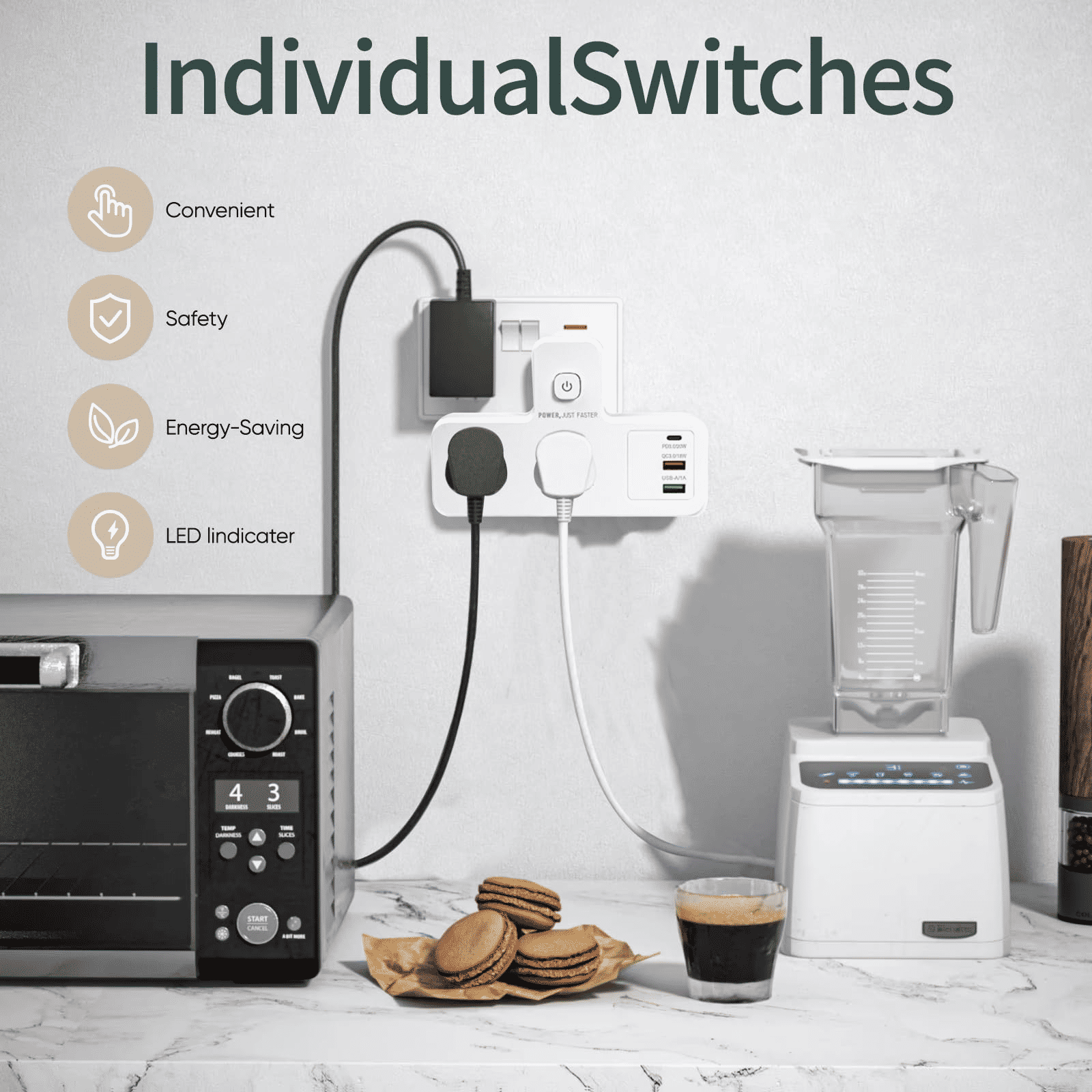 Generic Multi-Plug Extension Socket with 2 AC Outlets, 2 USB, Type-C