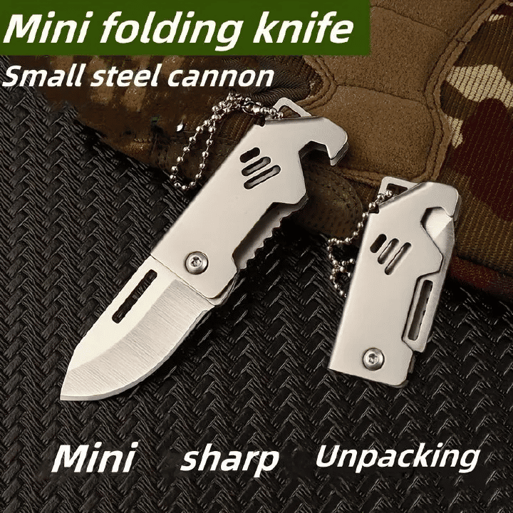 Small Steel Cannon Mini Folding Keychain Knife Stainless Steel Silver
