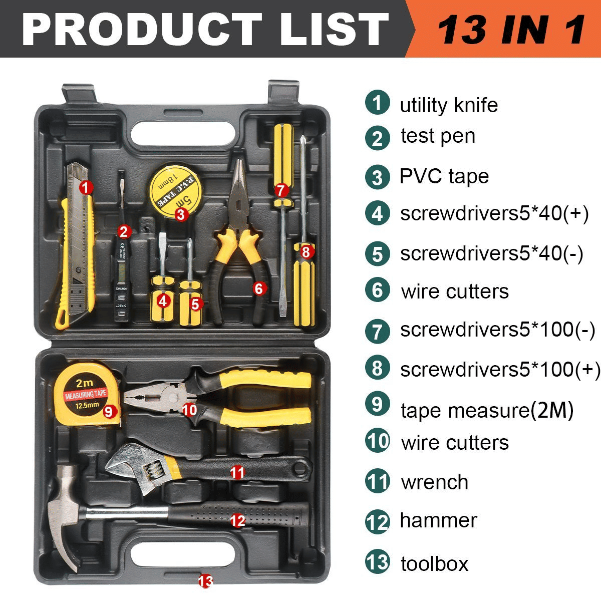 Generic 13-Piece Household Hand Tool Kit with Plastic Storage Case