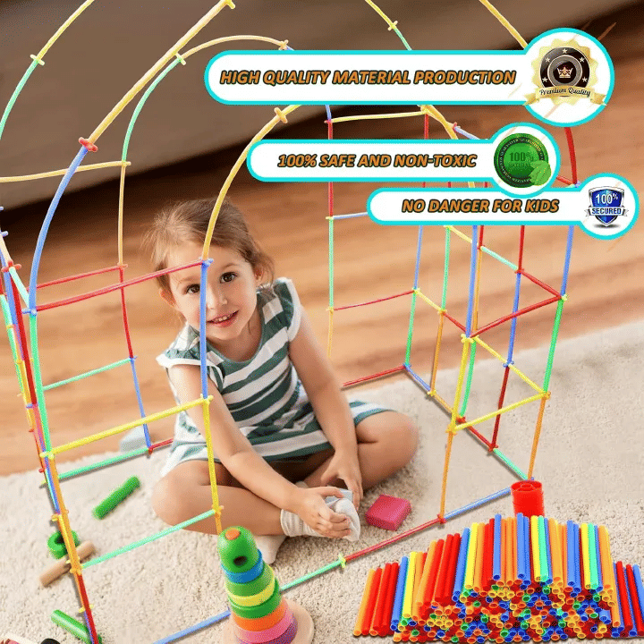 200-Piece Kids STEM Building Straw Constructor Construction Toy Set Colorful