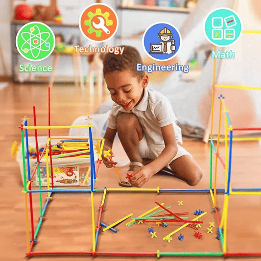 200-Piece Kids STEM Building Straw Constructor Construction Toy Set Colorful