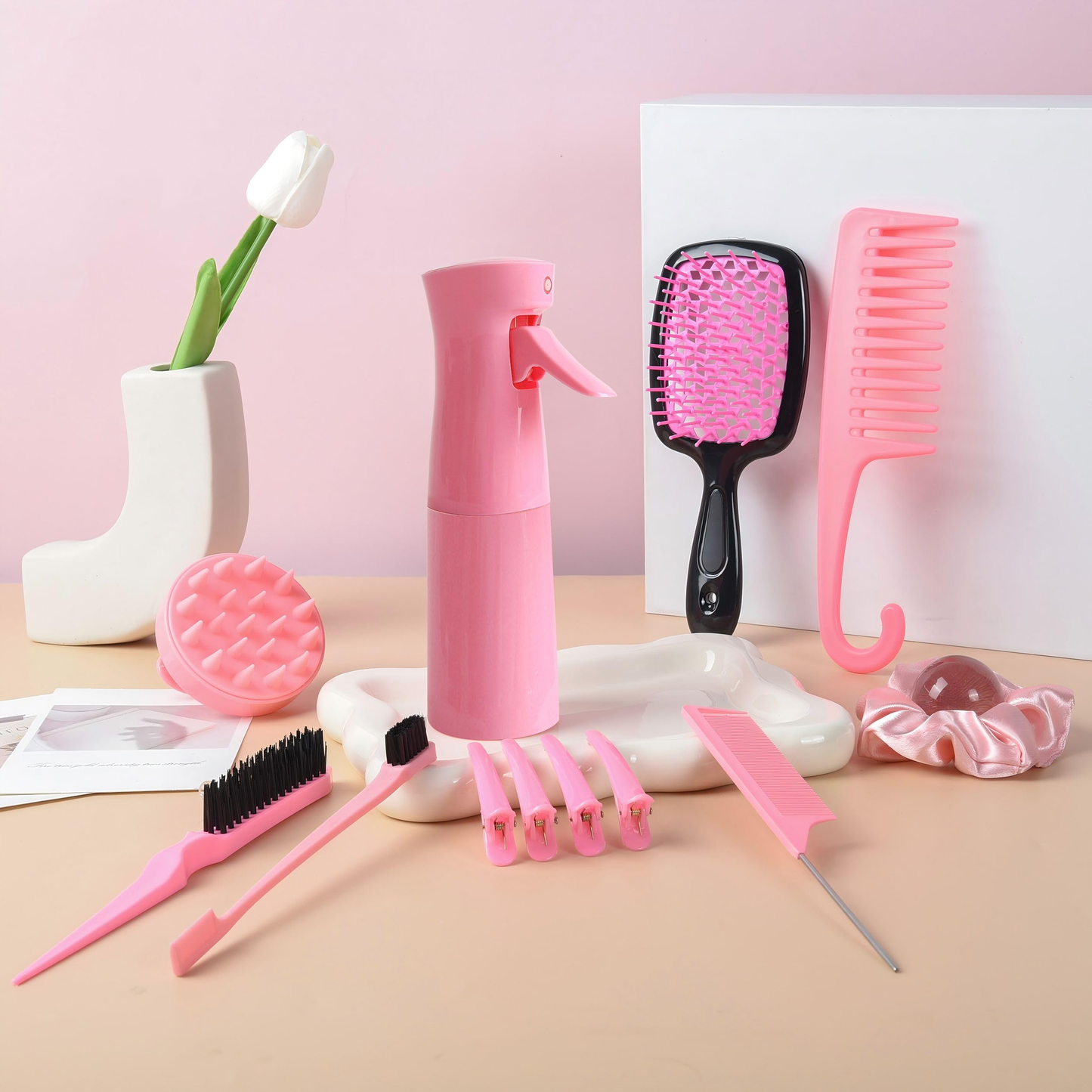 Professional 12-Piece Hair Styling Kit: Combs, Spray Bottle, Scalp Massager, Brushes