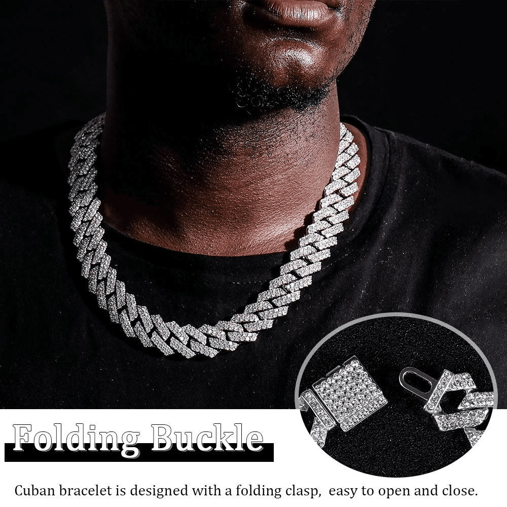 Men's Iced Miami Cuban Link Chain Necklace - Prong Faux Diamond Hip Hop Silver