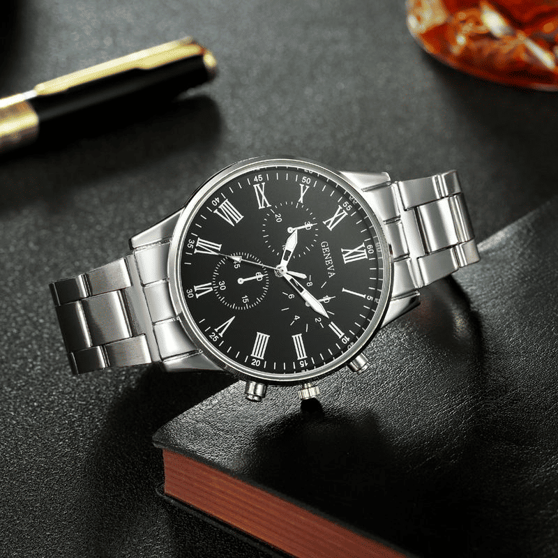 Men's 4-Piece Quartz Watch Jewelry Set with Steel Bracelet - Black