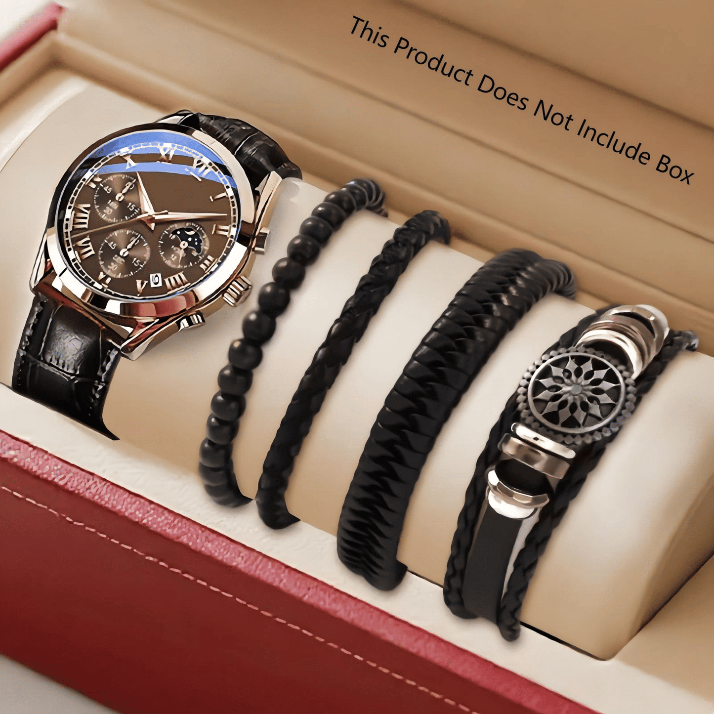 Men's 5-Piece Quartz Watch and Bracelet Set with Calendar Function